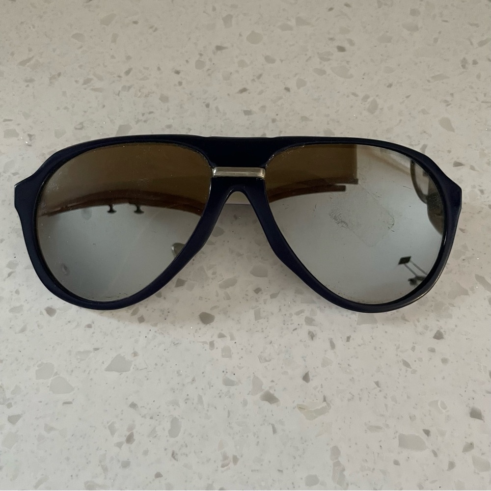 Vintage Black Mirrored Aviator Sunglasses Blue Glass Frame
